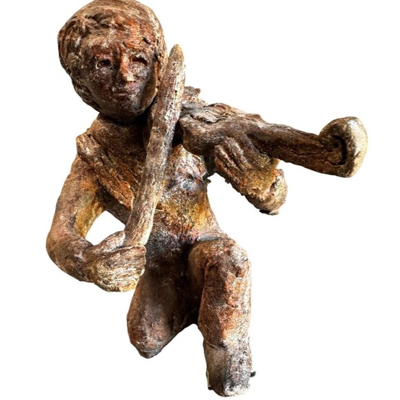 Hand Sculpted Other - Hand Sculpted Terracotta Violinist With Snake Rustic Folk Art Figure 10 Inch